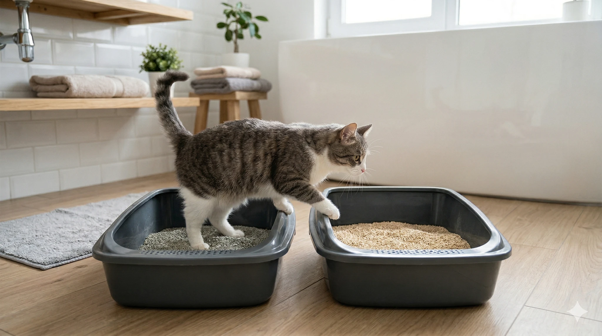 Cat next to a clean tray