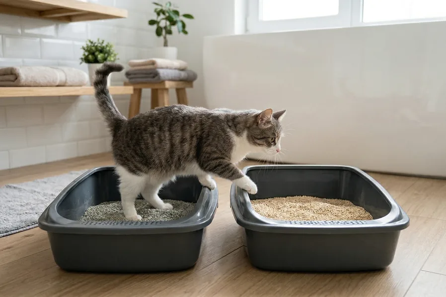Котик поруч із чистим лотком